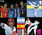 Podyum Taekwondo -80 kg erkekler, Sebastián Crismanich (Arjantin), Nicolás García Hemme (İspanya), Lutalo Muhammed (Birleşik Krallık) ve Mauro Sarmiento (İtalya), Londra 2012